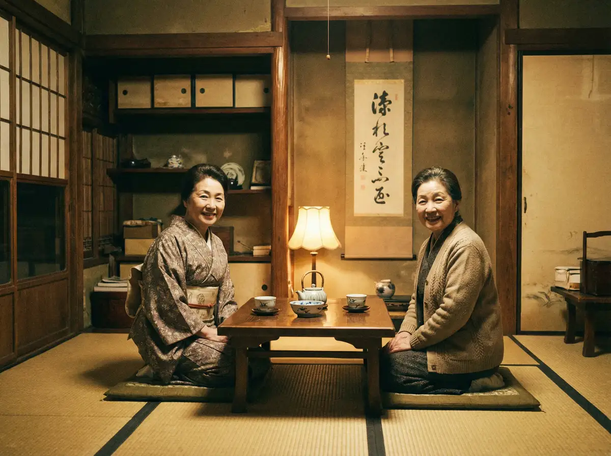 两位优雅的 豆花视频 在日式茶室中品茶交谈